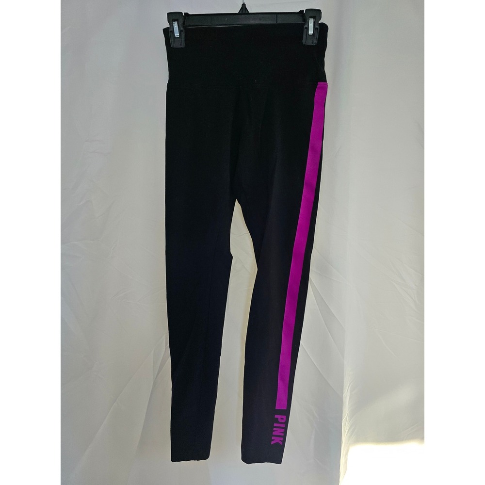 PINK Victoria Secret Black Leggings Athletic Stripe Logo Side Women's S